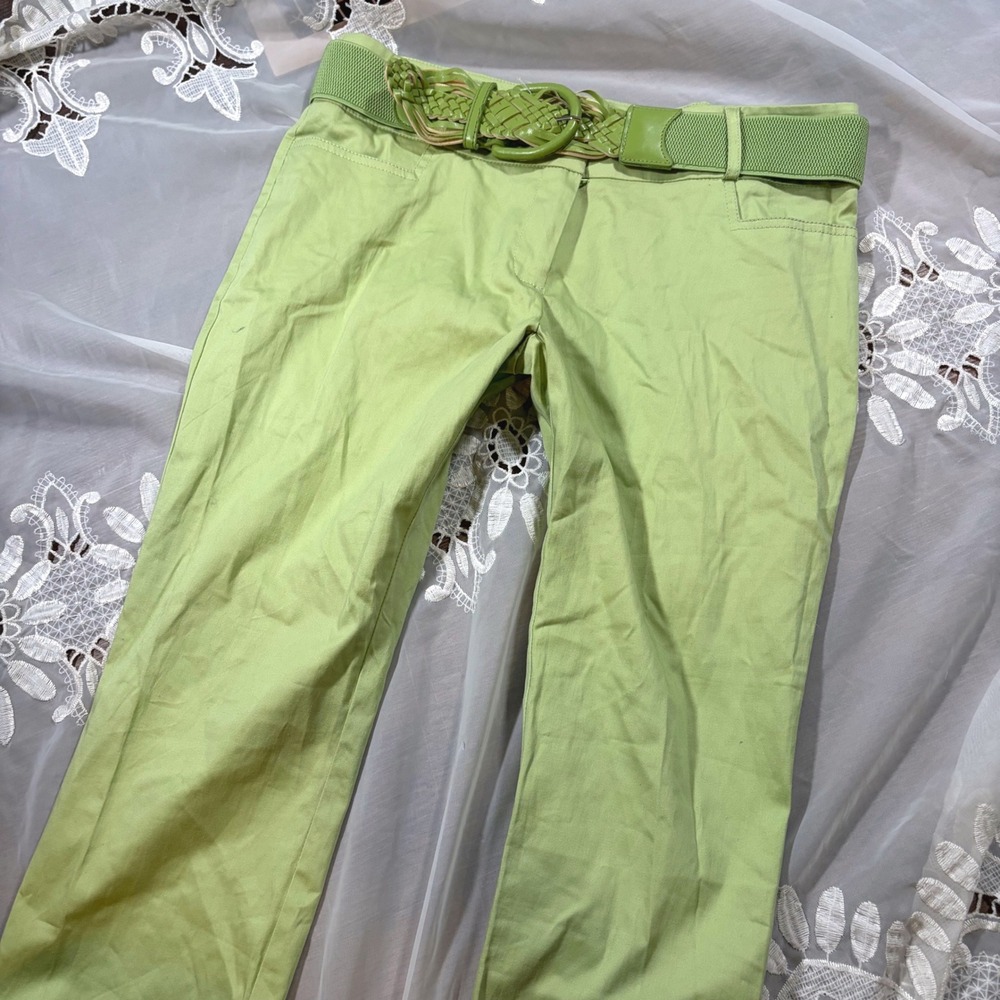 Cottage Y2K Fairy Lime Green Belted Capri Pants Size 8 Stretch Cotton Cropped